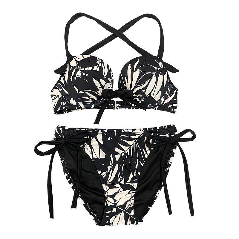 欧美ins风性感黑色印花比基尼小胸聚拢三点式 泳装沙滩度假bikini