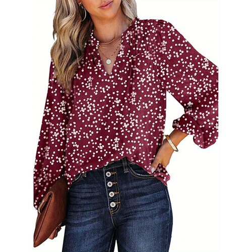 P 24486 V Neck Dot Print Blouse 波点印花衬衣 欧美跨境