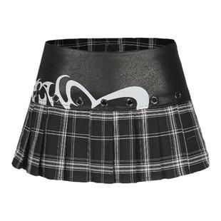自制美式辣妹皮质拼接超短裙复古亚文化自带安全裤低腰格子百褶裙