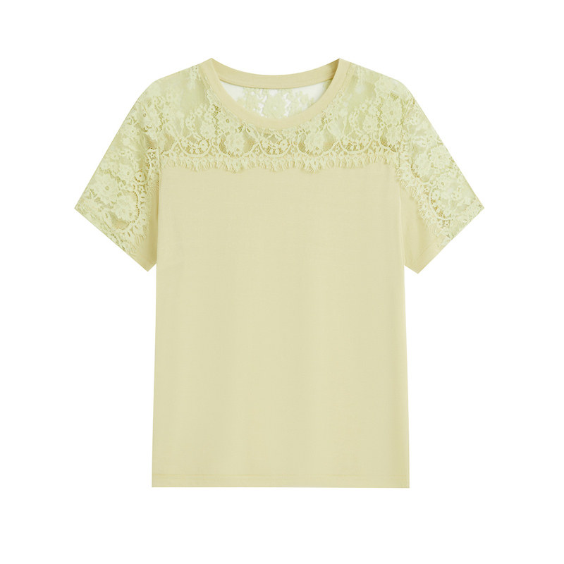 【棉醋面料】夏季时尚减龄镂空蕾丝女士圆领短袖T恤上衣薄款