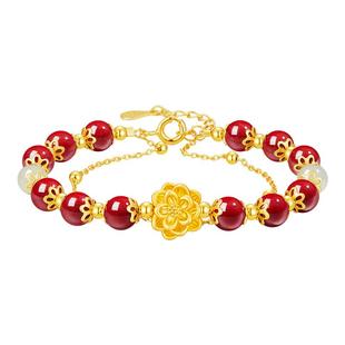 中国黄金央创莲花手链女款朱砂手串本命年生日礼物送女友S925