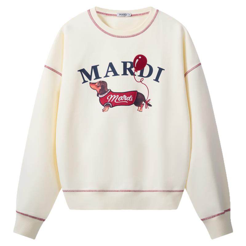 MARDI卡通小狗卫衣女新款女士圆领套头卫衣宽松休闲上衣杏色少女