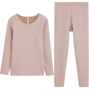 红豆绒保暖内衣加绒加厚男女士色纺冬打底防寒中老年秋衣秋裤套装