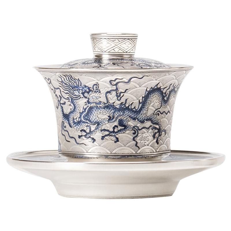 青花龙纹陶瓷鎏银泡茶一壶两杯