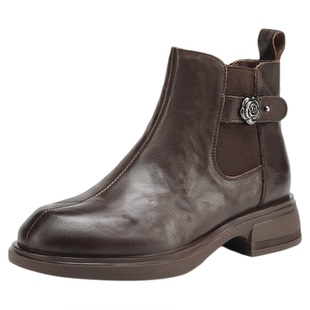 星期六气质复古真皮厚底短靴女2025秋季新款英伦风牛皮切尔西靴子