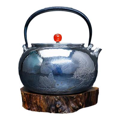 義清堂纯手工一张打银壶 錾刻浮雕山水纯银银水壶足银999烧水壶