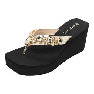 宝人厚底坡跟人字拖女夏季高级感水钻夹脚拖鞋外穿防滑增高凉拖鞋