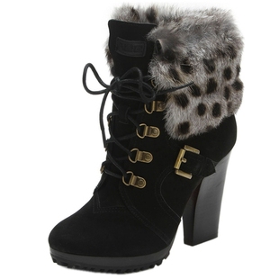 Aee/爱意粗跟高跟靴子前系带圆头女短靴240510005