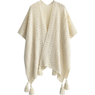 纯色民族风披肩女外搭针织云南丽江新疆西藏旅行拍照披风斗篷外套