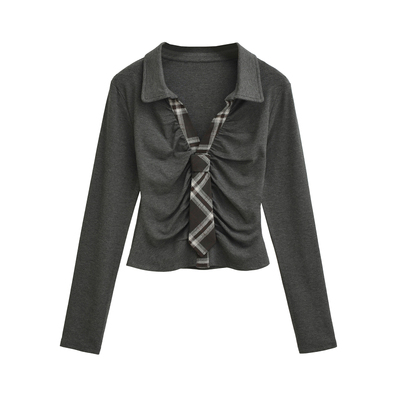 格纹领带抽褶翻领长袖修身上衣