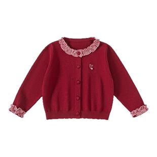 INSbobo童装女童毛衣开衫花边儿童针织衫秋季新款女孩上衣毛线衣