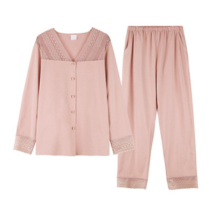 带胸垫纽扣开衫针织纯棉睡衣套装女士春秋夏季七分袖九分裤家居服