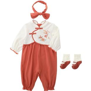 周岁女宝宝礼服礼包套装秋季女婴连体衣国风过年衣服百天婴儿礼物