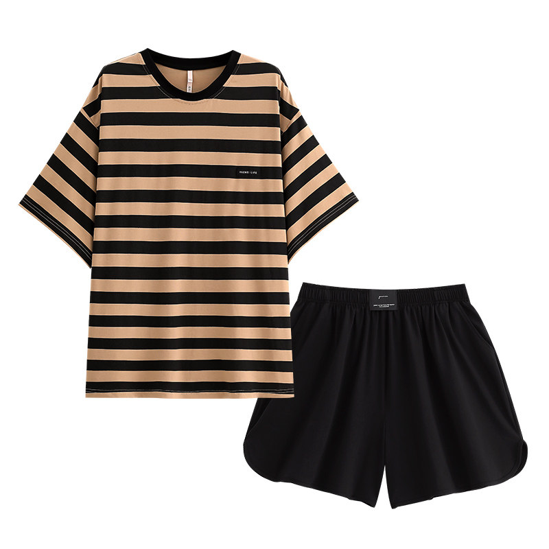 女士睡衣女款夏款夏天夏季家居服纯棉短袖短裤圆领套头条纹套装