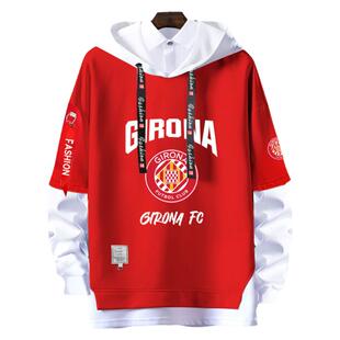 西甲赫罗纳足球俱乐部球迷吉罗纳假两件连帽卫衣套头男女带帽外套