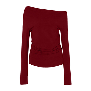 DPLAY【惠品】秋季红色t恤女复古气质露肩一字肩打底上衣