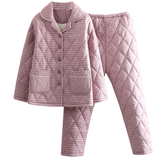 纯棉加绒夹棉睡衣女冬季三层加厚保暖全棉格子深色家居服套装新品