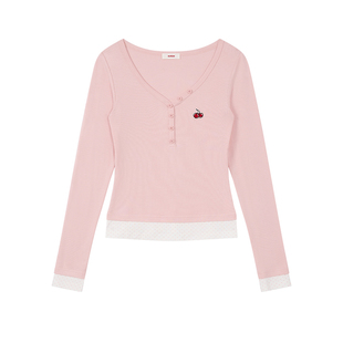 樱桃KIRSH 韩系鸡心领针织打底衫女秋冬2025新款修身显瘦长袖T恤