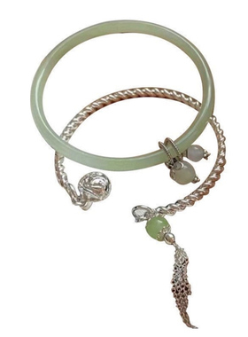 两件套新中式银色开口铃铛流苏手镯手链女款小众叮当素圈镯子手饰