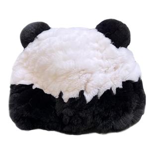 新品儿童兔毛帽子男女童冬季防风保暖可爱真毛皮草卡通熊猫护耳帽