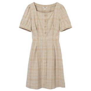 Eland衣恋短袖连衣裙女复古风方领泡泡袖小个子夏裙子