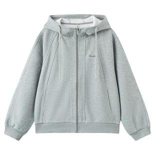 快鱼2026年春新款开衫连帽卫衣外套女款宽松休闲运动灰色针织上衣