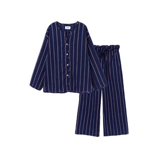 松永春夏棉麻情侣睡衣宽松 薄款简约日式长袖长裤家居服套装男女