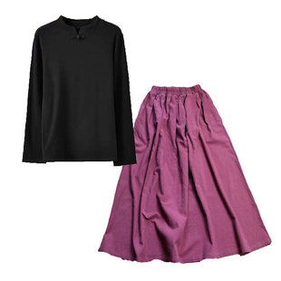 中式女装中国风高级感套装2025新款春秋禅意佛系半裙唐装德绒上衣