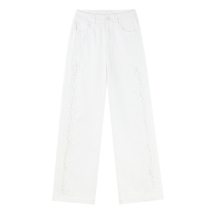 MISSCOCOON可可尼拼接蕾丝直筒裤女2026春季新款白色100%棉牛仔裤