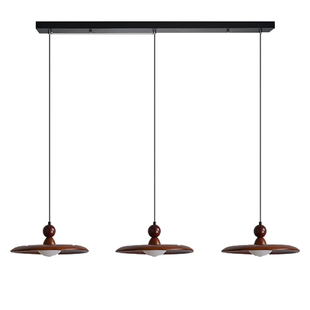 中古风飞碟吊灯餐厅三头LED护眼复古胡桃木飞碟实木岛台吧台灯具