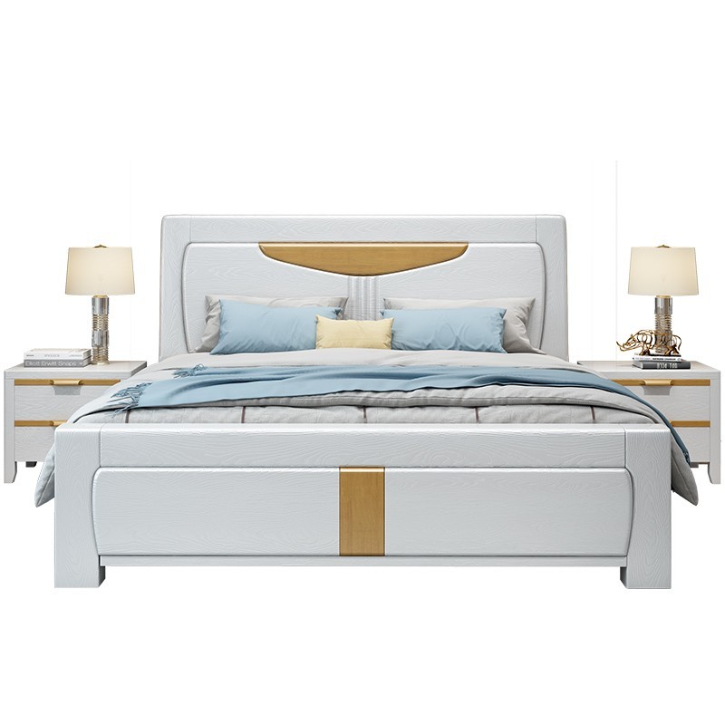 全实木床主卧1.8米橡木双人床简约现代压纹实木床1.5白色储物婚床