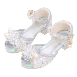 夏季儿童公主凉鞋亮晶晶女童高跟鞋灰姑娘水晶鞋学生走秀表演出鞋