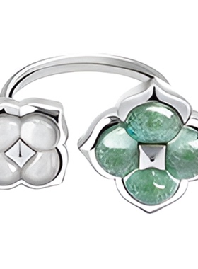 HERBE合璧 柿蒂纹样双花银色戒指麻花编织开口戒日常通勤百搭女款