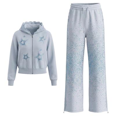 TCH烫钻五角星蕾丝拼接连帽外套女满天星休闲长裤套装T78A07E1176