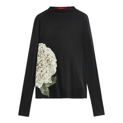 EXCEPTION例外女装中式绵羊毛亲肤牡丹印花工艺毛针织衫