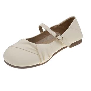 平底单鞋女秋季新款浅口一字带圆头玛丽珍配裙子温柔软皮豆豆鞋潮