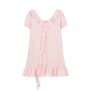 BLUEerror 宽松v领双层荷叶边短袖粉色连衣裙女花边显瘦裙子夏季