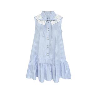 Narratorgirls蓝色竖条纹蕾丝花边领宽松无袖衬衫连衣裙显瘦短裙