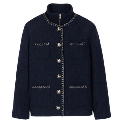 金色纽扣圆领花呢外套