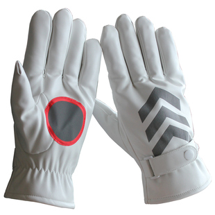 冬季白黑色保暖加绒加厚男女骑行保安门卫pu皮触屏夜间高反光手套