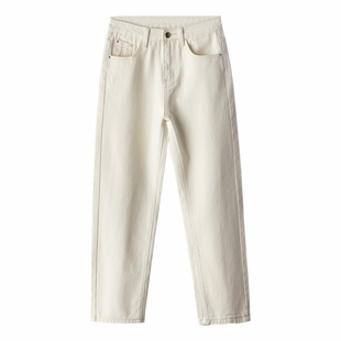 刘雯明星同款裤子女2022年秋季新款米白色高腰直筒宽松牛仔裤长裤