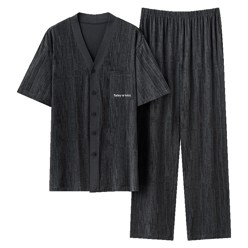 春秋夏季男士短袖长裤开衫家居服