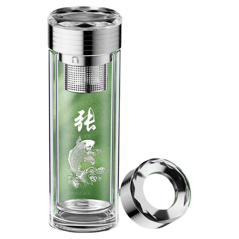 高档商务钻切杯盖双层加厚防烫玻璃杯办公家用便携水杯百家姓刻字