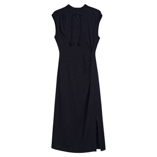 YINER音儿专选女装夏季优雅新中式旗袍领肌理提花S型收腰连衣裙