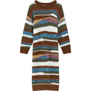 妖精的口袋复古撞色条纹连衣裙女2025年冬季新款宽松长裙新年穿搭