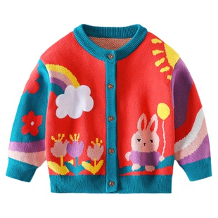 可爱极了女童毛衣秋冬新款花朵卡通彩虹兔开衫女孩甜美棉保暖外套