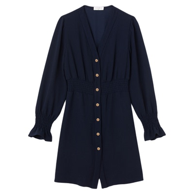 SANDRO Outlets秋冬女装法式灯笼袖荷叶边收腰短款V领长袖连衣裙