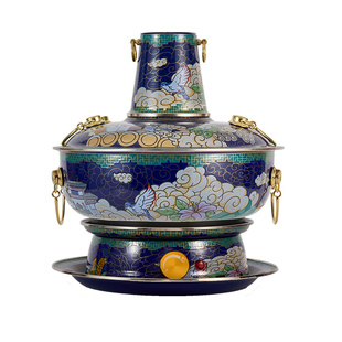 景泰蓝铜火锅纯铜电碳两用珐琅火锅分体老式家用鸳鸯插电木炭锅具