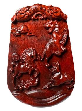 红木寅午戌挂件印度小叶紫檀十二生肖三合贵人虎马狗吊坠男女项链