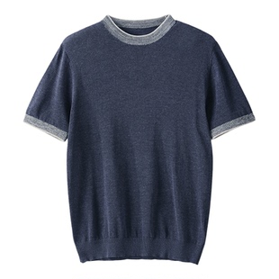 LUUD 莱赛尔天丝亚麻修身微收短袖上衣个性撞色针织圆领T恤男夏季